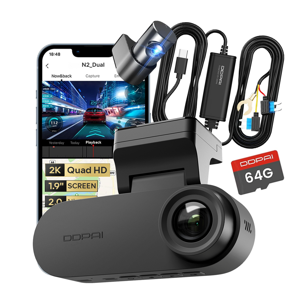 Pack N2 Dual (2K+1080p) - Caméra de Voiture + Carte Mémoire 64 + Hardware Kit